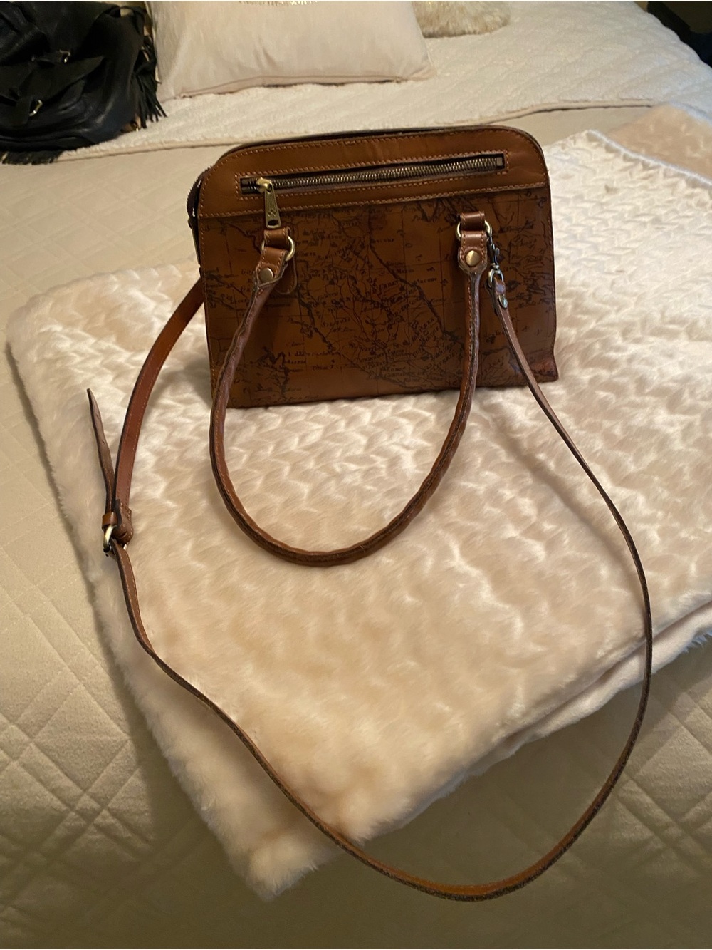 Patricia Nash Brown Map-Print Leather Crossbody Bag